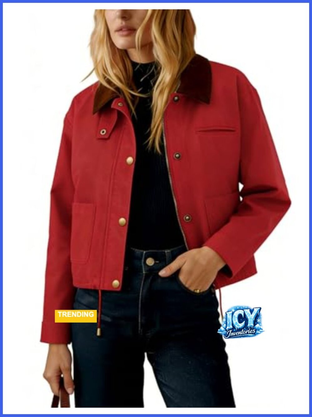 Womens Cropped Casual Jacket Contrast Corduroy Collar Button Zip Varsity